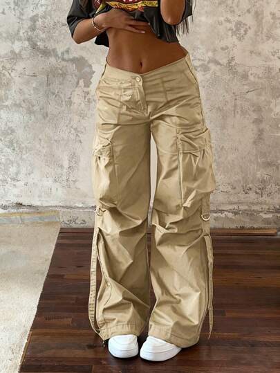 Beige Y2K wide-leg cargo trousers with pockets at SHEIN
