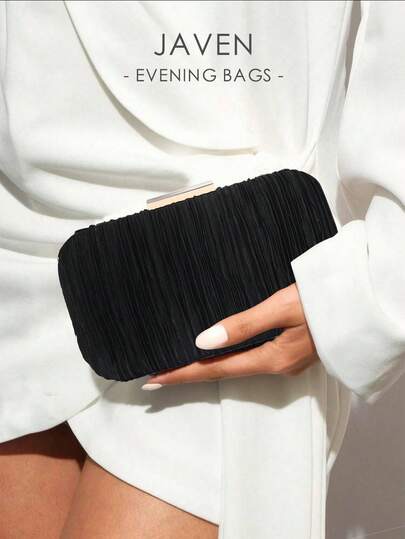 Black pleated oval satin clutch bag at SHEIN