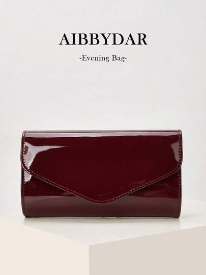 Burgundy patent faux-leather evening clutch bag at SHEIN