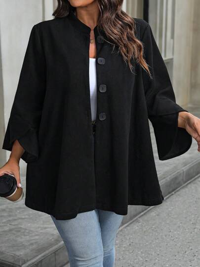 Black button-front knit wool coat with bell sleeves at SHEIN