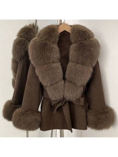 Brauner Mantel mit Fellbesatz bei SHEIN