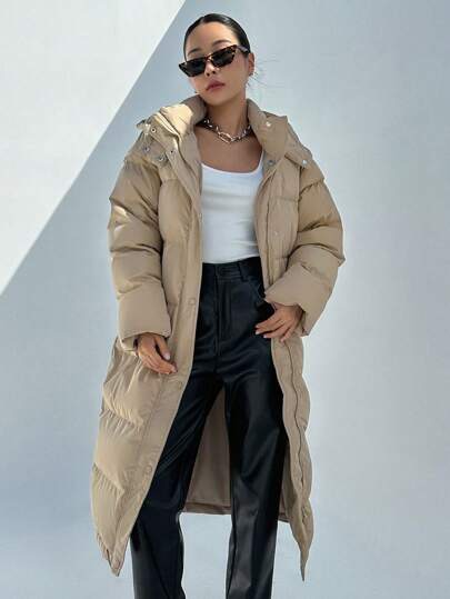 Camel diamond-quilted long hooded zip-up puffer coat at SHEIN