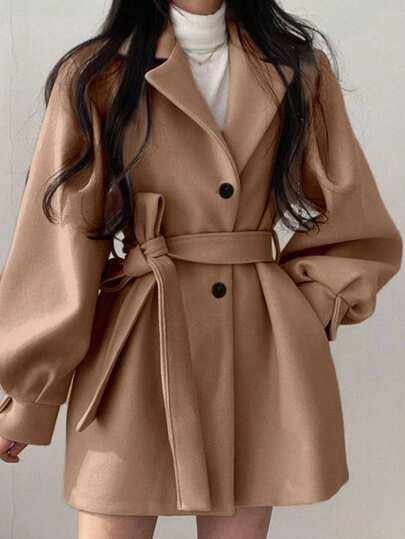 Camel wool coat with balloon sleeves and a tie belt at SHEIN