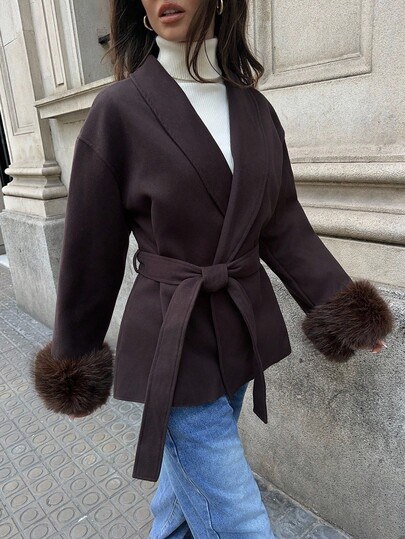Coffee-brown cuffed faux fur trim coat at SHEIN