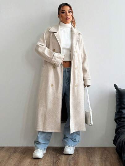 Cream long double-breasted duster coat with belt at SHEIN