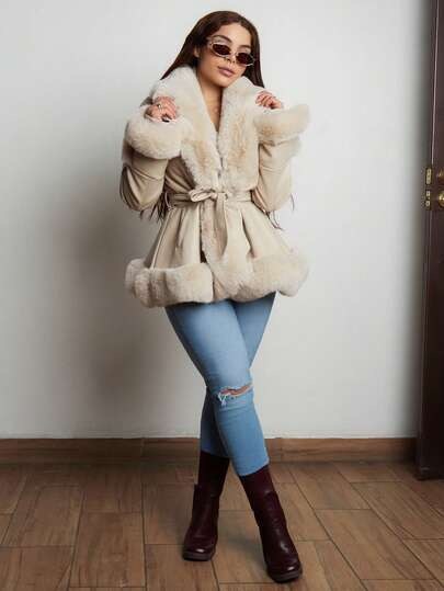 Cream belted coat with fluffy faux fur collar at SHEIN
