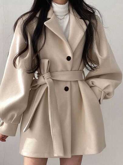 Cream belted wool coat with bishop sleeves at SHEIN