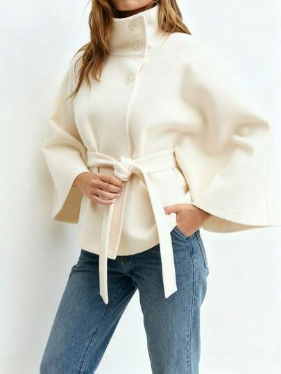 Cream funnel-collar belted poncho coat with cape sleeves at SHEIN
