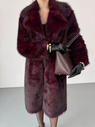 Long burgundy faux fur coat with long sleeves at SHEIN