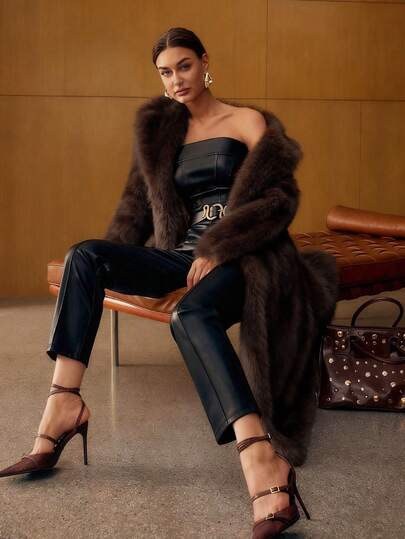 Long brown faux fur coat with collar at SHEIN
