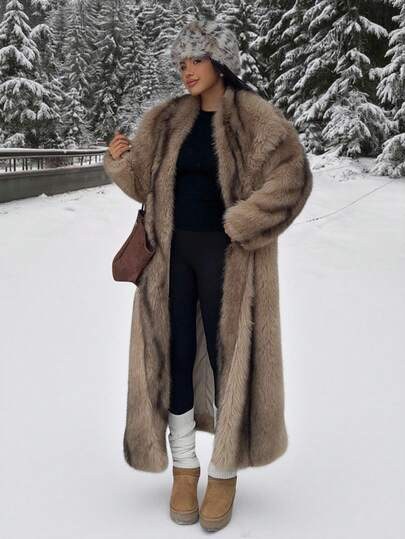 Long brown faux fur coat with fluffy collar at SHEIN