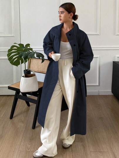 Navy long belted trench coat at SHEIN