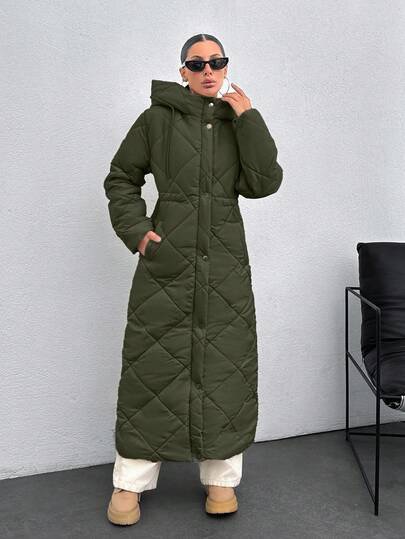 Olive green diamond-quilted long hooded down puffer coat at SHEIN