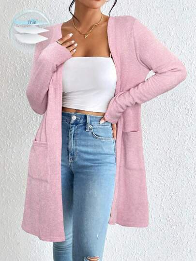 Light pink open-front ribbed knit longline cardigan-coat at SHEIN