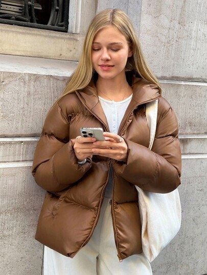 Glossy brown hooded puffer jacket with zip and pockets at SHEIN