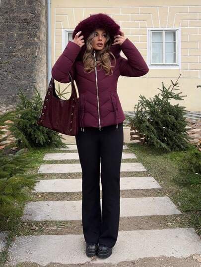 Burgundy puffer jacket with faux fur hood trim at SHEIN