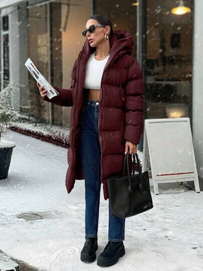 Long burgundy hooded puffer coat with drawstring at SHEIN