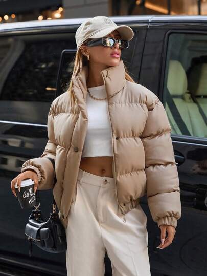 Caramel beige cropped puffer jacket at SHEIN