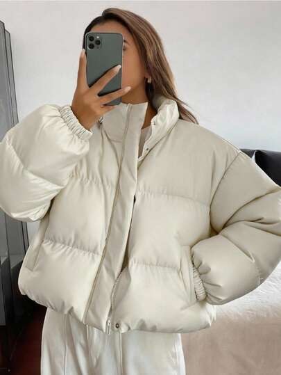 Cream cropped puffer jacket with high collar at SHEIN