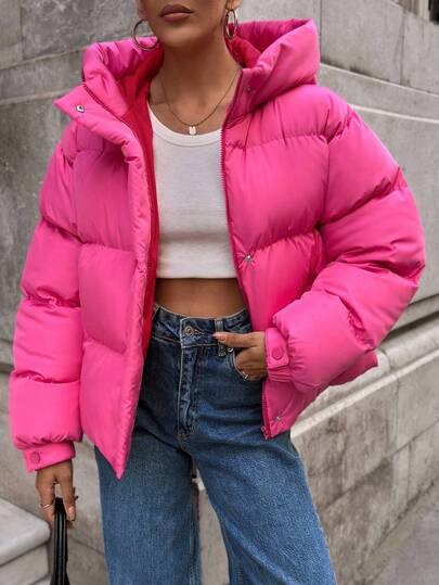 Hot pink hooded puffer jacket with pockets at SHEIN