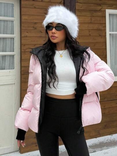Pink and black hooded puffer jacket at SHEIN