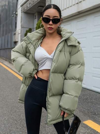 Sage green hooded puffer coat with pockets at SHEIN