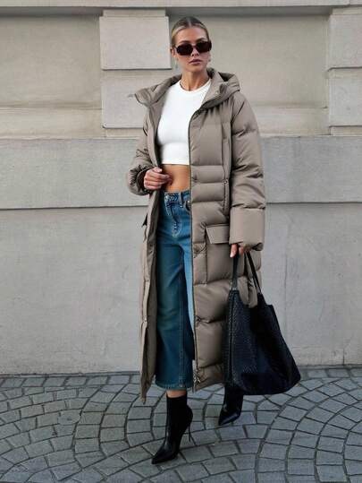 Long taupe hooded puffer coat with chest snaps at SHEIN
