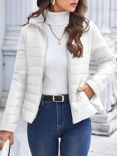 White quilted puffer jacket with high collar at SHEIN
