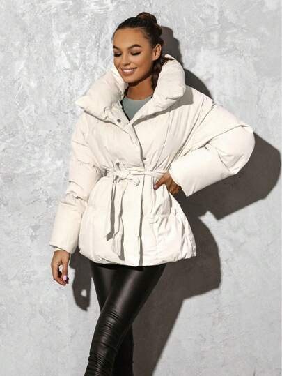 White thick padded belted coat with a stand-up collar at SHEIN