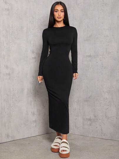 Black fitted long-sleeve ribbed knit midi dress at SHEIN