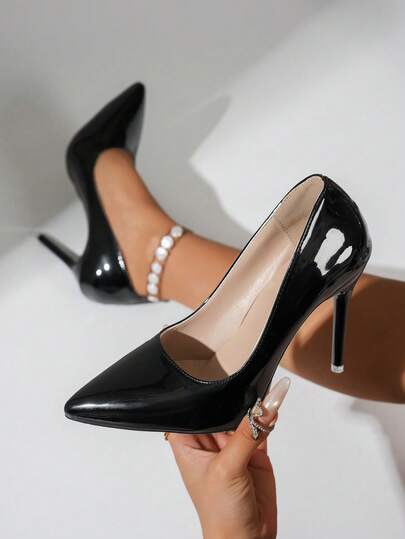 Black metallic pointed-toe stiletto heels at SHEIN