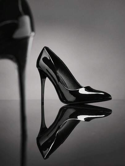 Black patent leather pointed-toe stiletto pumps at SHEIN