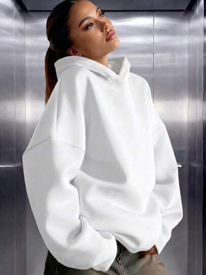 White oversized long sweatshirt hoodie at SHEIN