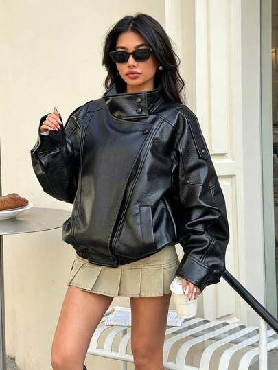 Oversized black faux leather short jacket with a stand-up collar and a diagonal zip at SHEIN