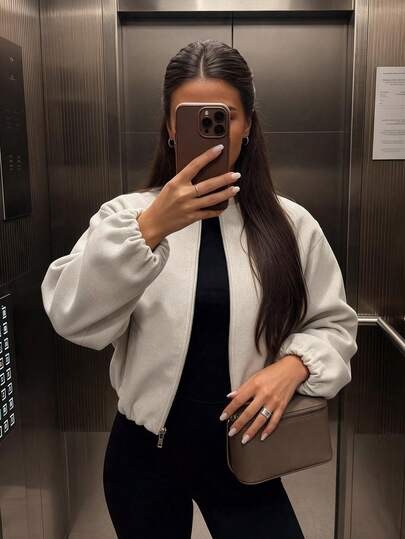 Cream satin zip bomber jacket with long puff sleeves at SHEIN