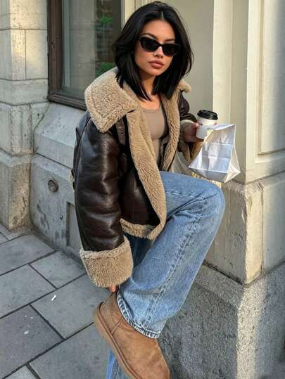 Brown faux-leather shearling-trim cropped moto jacket at SHEIN