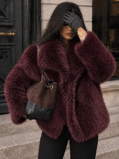 Burgundy shaggy faux fur jacket with shawl collar at SHEIN