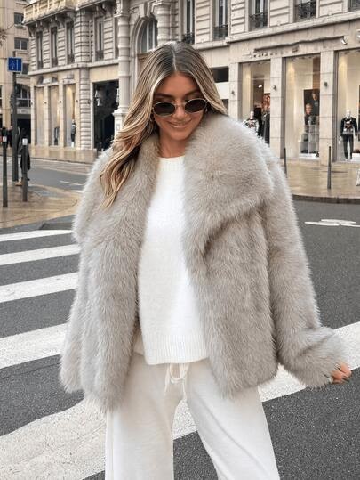 Light-grey faux fur jacket with oversized collar at SHEIN