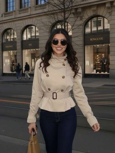 Khaki beige short double-breasted trench jacket with a belt and a funnel collar at SHEIN