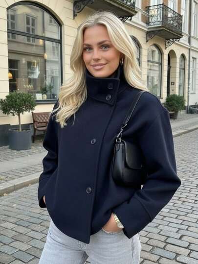 Navy blue short wool jacket with a funnel stand-up collar at SHEIN