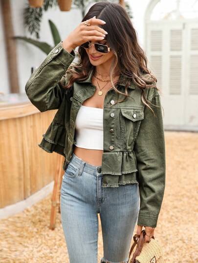 Olive green cropped denim jacket with frayed hem and ruffled peplum waist at SHEIN