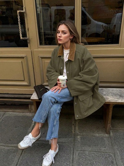 Olive green lightweight windbreaker jacket with corduroy collar at SHEIN