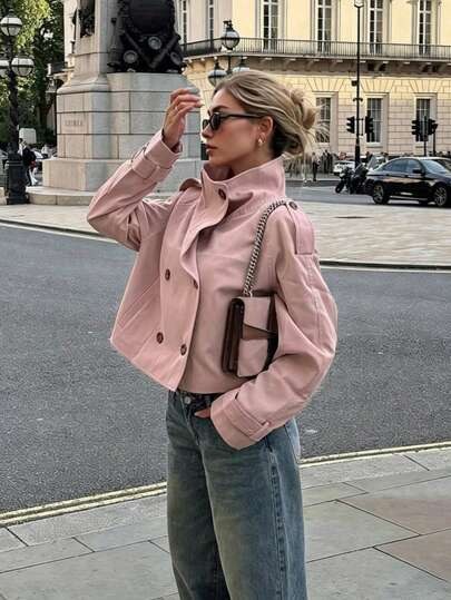 Dusty rose pink short double-breasted jacket with a stand-up collar at SHEIN