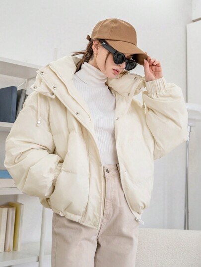 Cream zip-up puffer jacket with a hood and stand-up collar at SHEIN