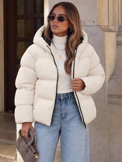 Cream quilted hooded zip jacket at SHEIN
