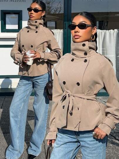 Taupe beige short trench jacket with a stand-up collar, double-breasted buttons and a tie belt at SHEIN