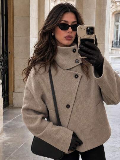 Warm taupe short wool jacket with a stand-up collar and a diagonal button front at SHEIN