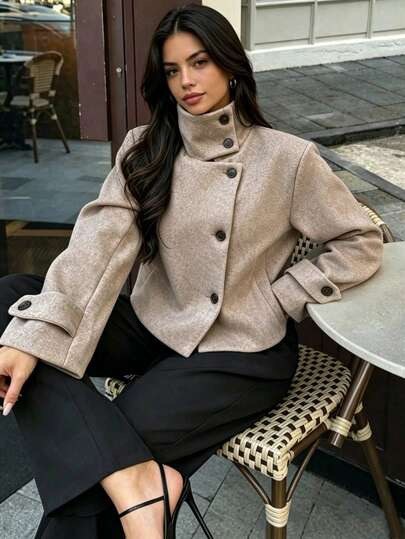 Taupe short wool jacket with a collar and dropped shoulders at SHEIN