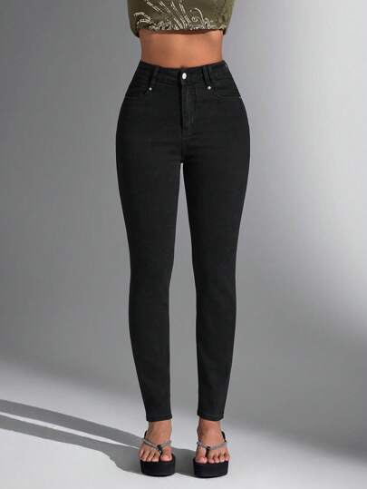 Black high-waisted skinny jeans at SHEIN