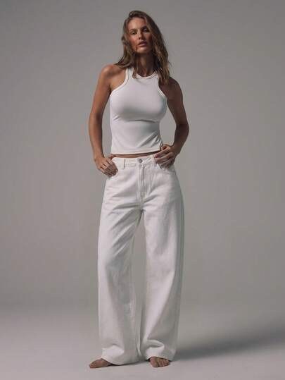 White baggy fit wide-leg jeans with silver button details at SHEIN